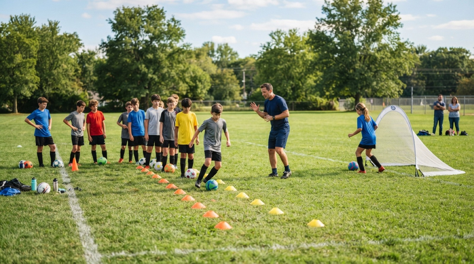 An organized youth soccer training session with kids around 11 to 12 years old and a coach directing a drill
