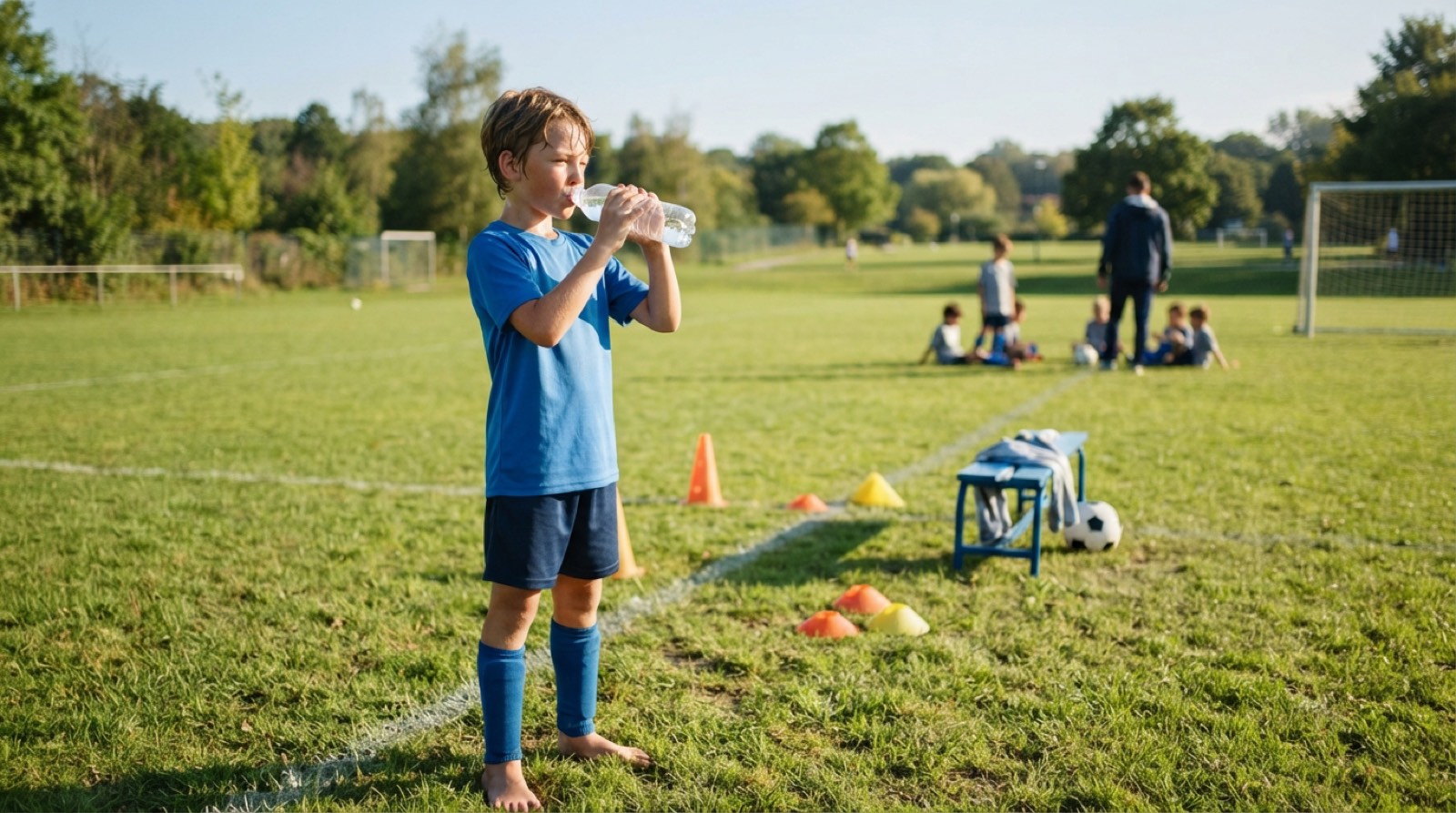 Youth soccer players taking a water break in shade during a sunny summer practice
