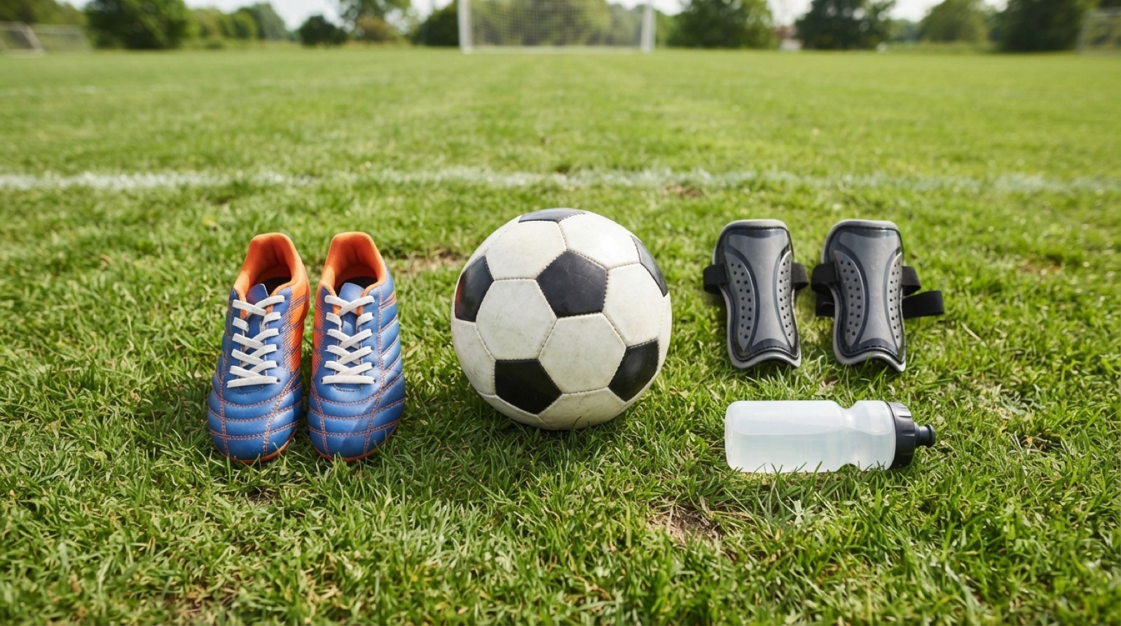 Youth soccer cleats, shin guards, a water bottle, and soccer balls arranged on grass before practice