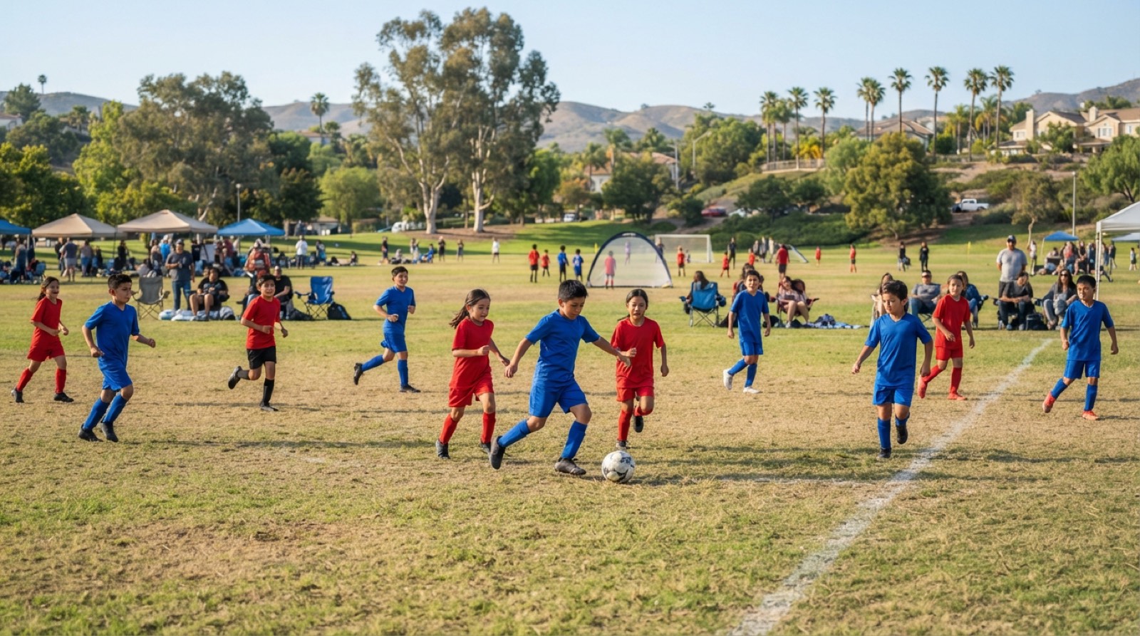 Kids playing youth soccer on a sunny grass field in a Southern California neighborhood park